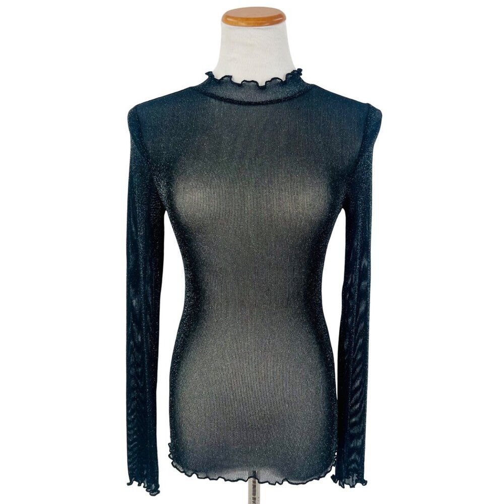 Black Shimmery Sheer Mock Neck Long Sleeve Top S | Rockstar Girlfriend Y3K Siren - Picture 2 of 16